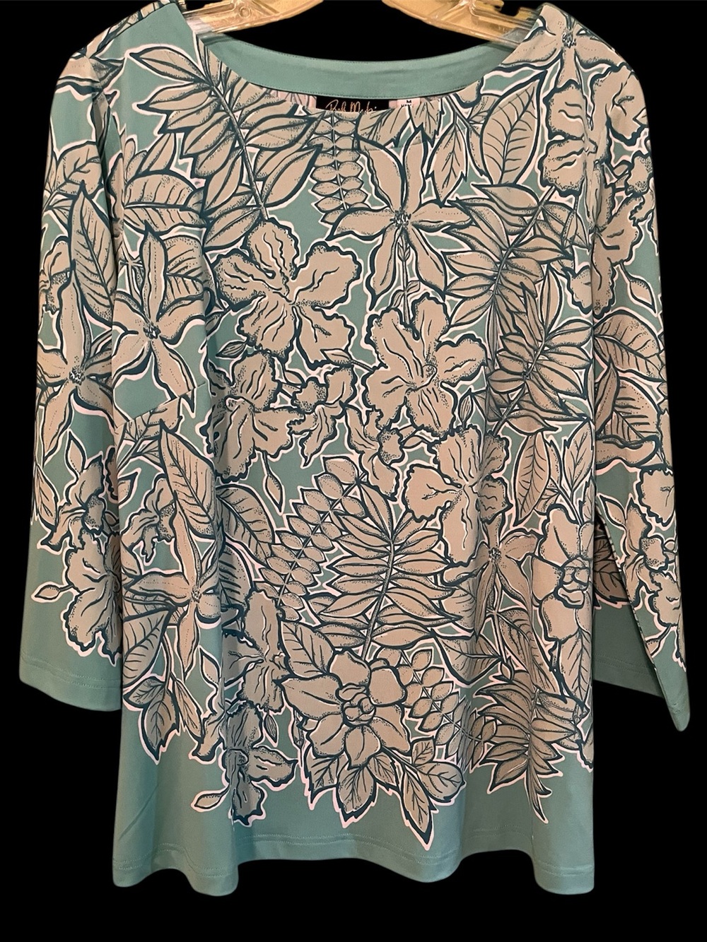 Bob Mackie Wearable Art knit top in tropical floral hibiscus print